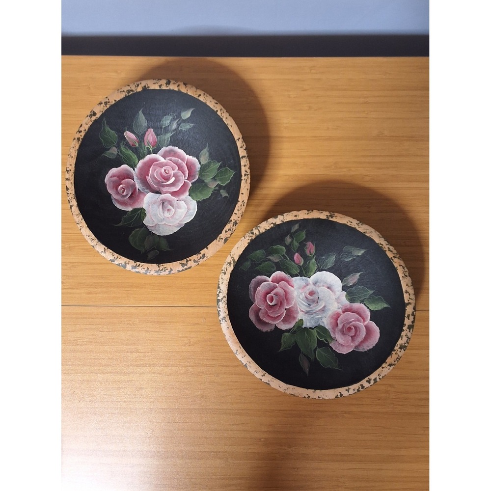 Vintage Pair Of Hand- Painted Wooden Bowls For Decoration. Lot Of 2 GVC
